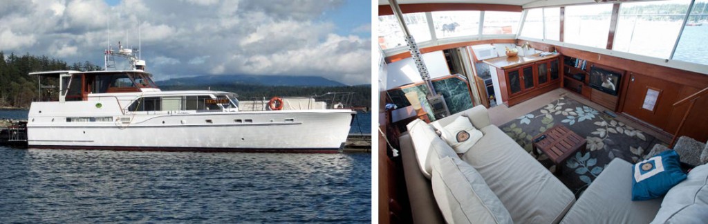 Matthews 56' - A true classic wood motoryacht with three giant staterooms and heads - she was a lovely yacht, with an amazing deck. The only problems - she was too big to fit into some of our favorite remote anchorages. (And, well - as much as we loved her amazing performance, we are sailors at heart and never really enjoyed cranking up the giant turbo diesels every day with guests.)